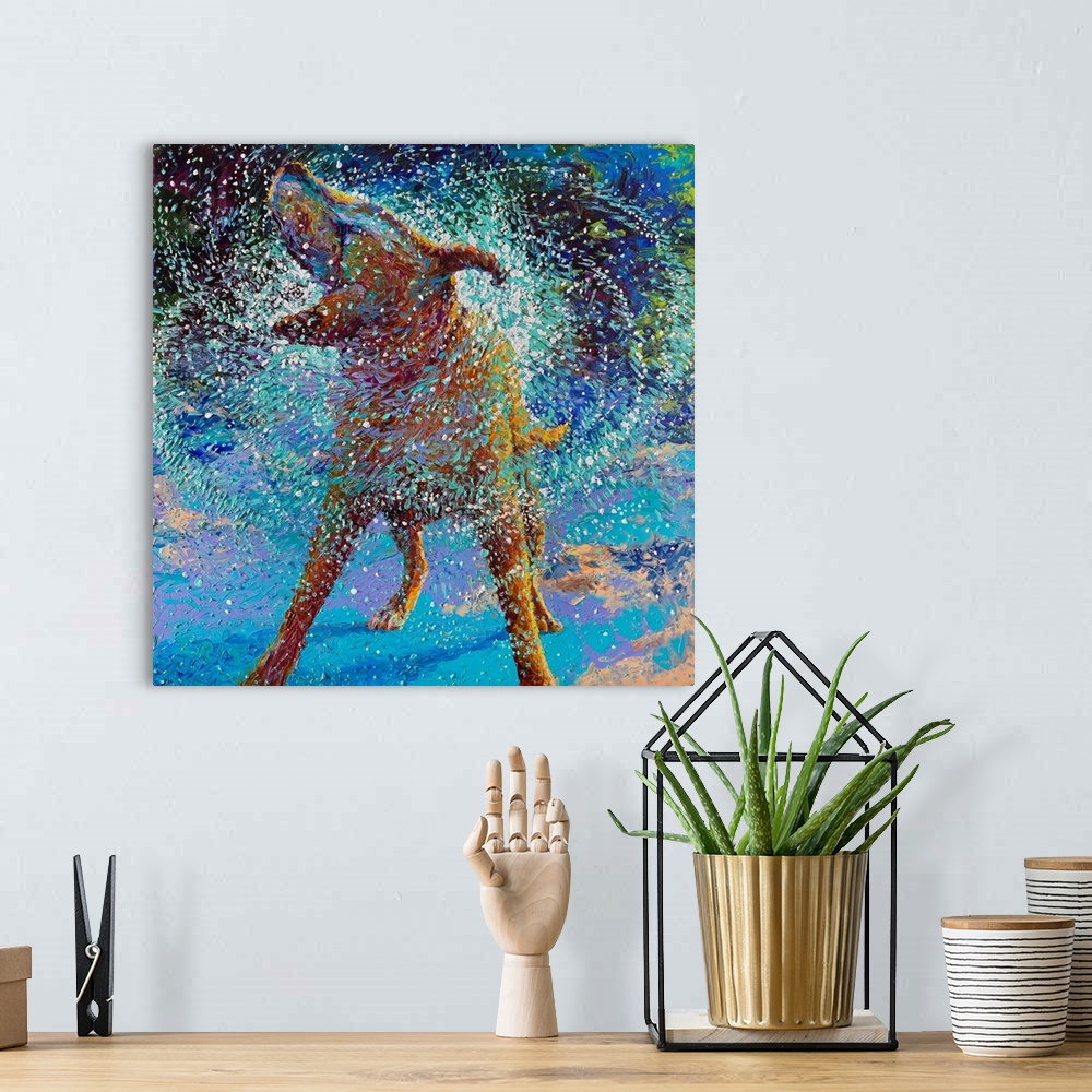 A bohemian room featuring Brightly colored contemporary artwork of a dog shaking off water.