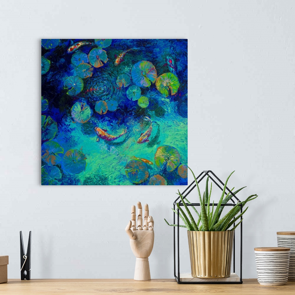 A bohemian room featuring Brightly colored contemporary artwork of a koi fish in blue water.