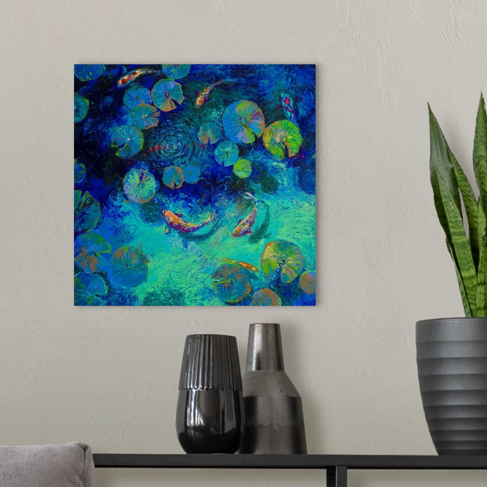 A modern room featuring Brightly colored contemporary artwork of a koi fish in blue water.