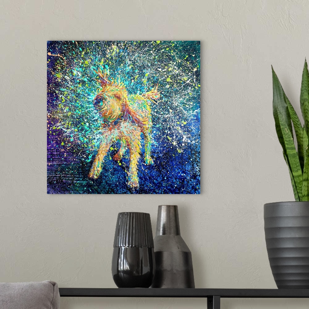 A modern room featuring Brightly colored contemporary artwork of a dog shaking off water.