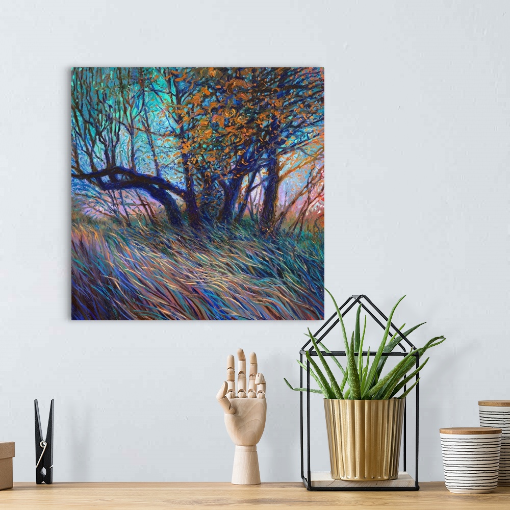 A bohemian room featuring Brightly colored contemporary artwork of a colorful tree in a field.