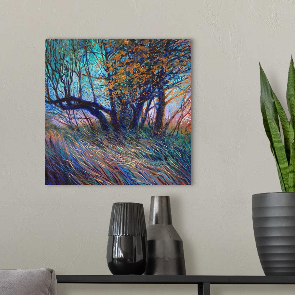 A modern room featuring Brightly colored contemporary artwork of a colorful tree in a field.