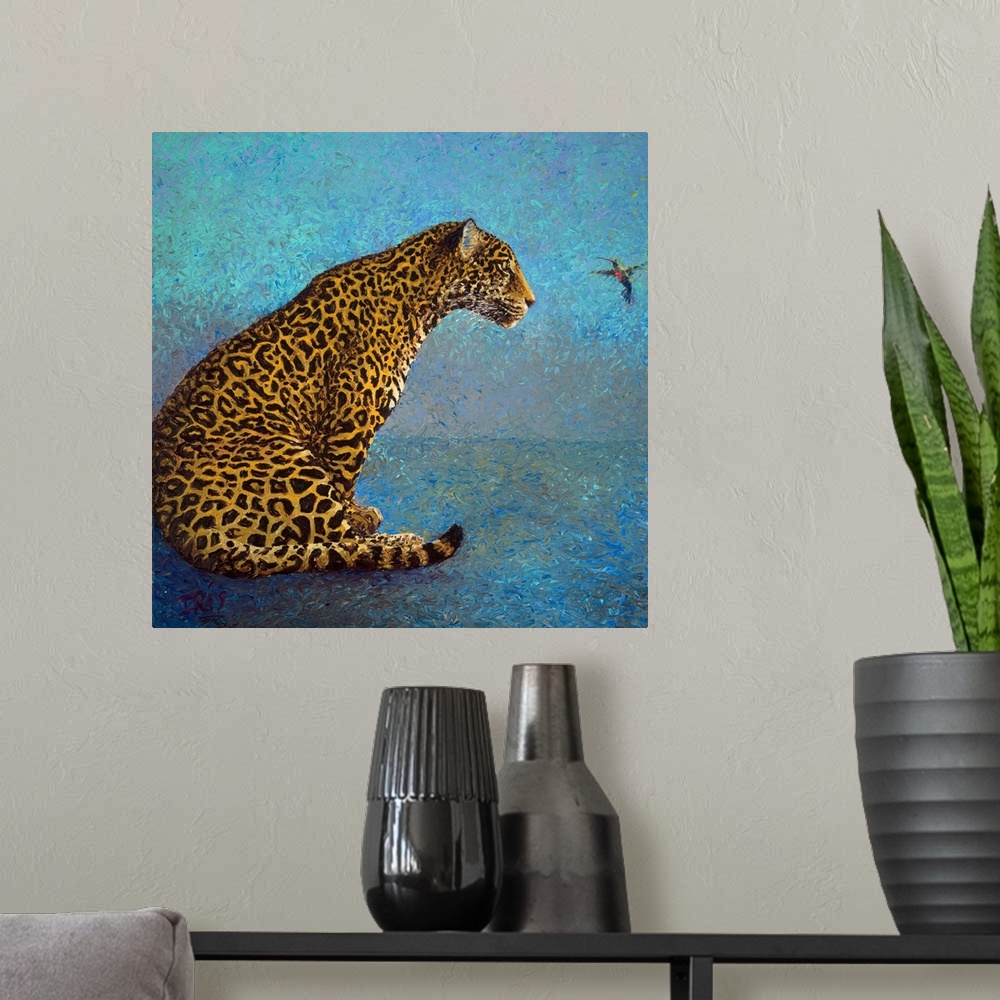 A modern room featuring Brightly colored contemporary artwork of a leopard and a hummingbird.
