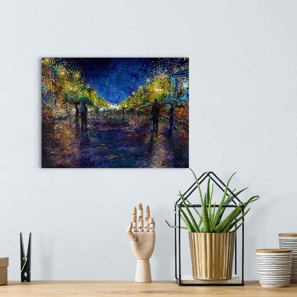 A bohemian room featuring Brightly colored contemporary artwork of a busy city street at night.