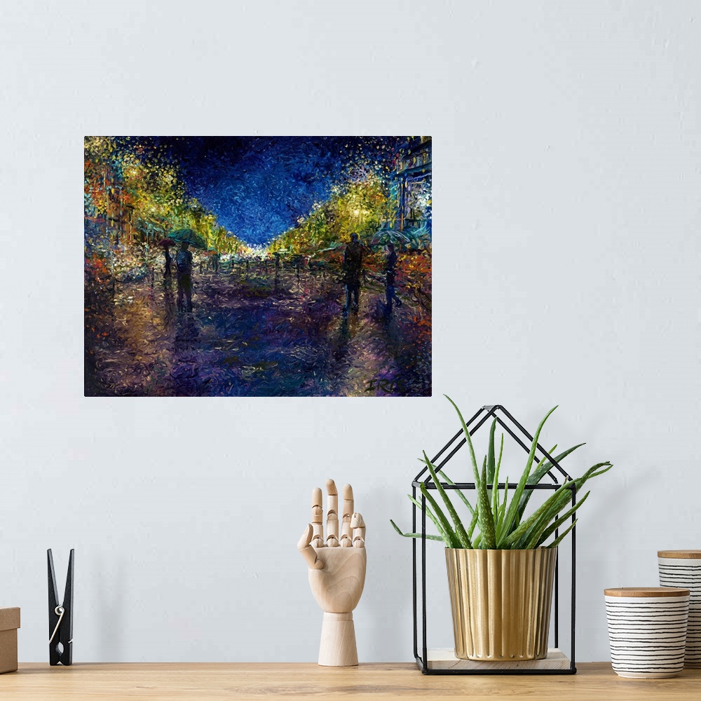 A bohemian room featuring Brightly colored contemporary artwork of a busy city street at night.