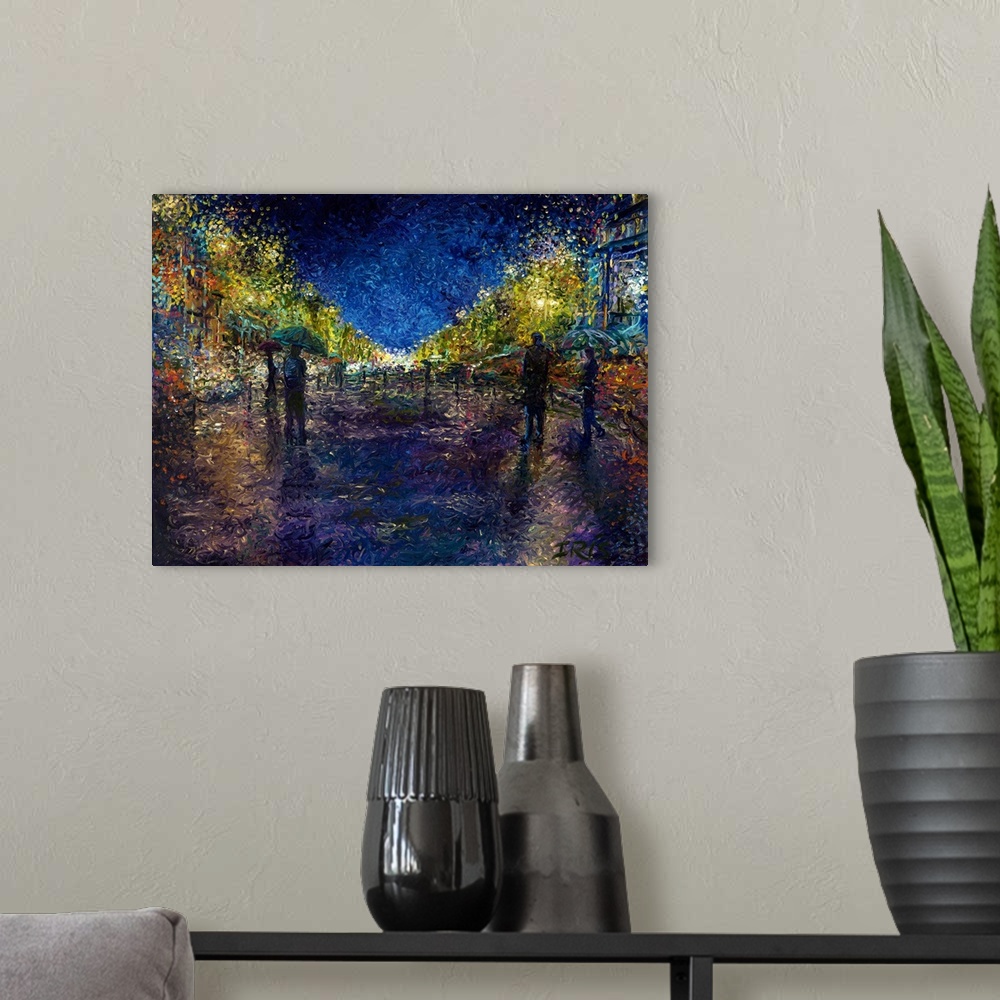 A modern room featuring Brightly colored contemporary artwork of a busy city street at night.