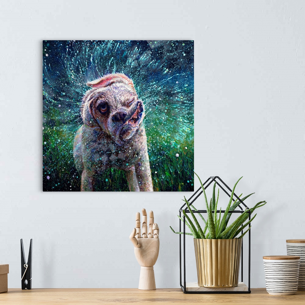 A bohemian room featuring Brightly colored contemporary artwork of a white dog shaking off water.