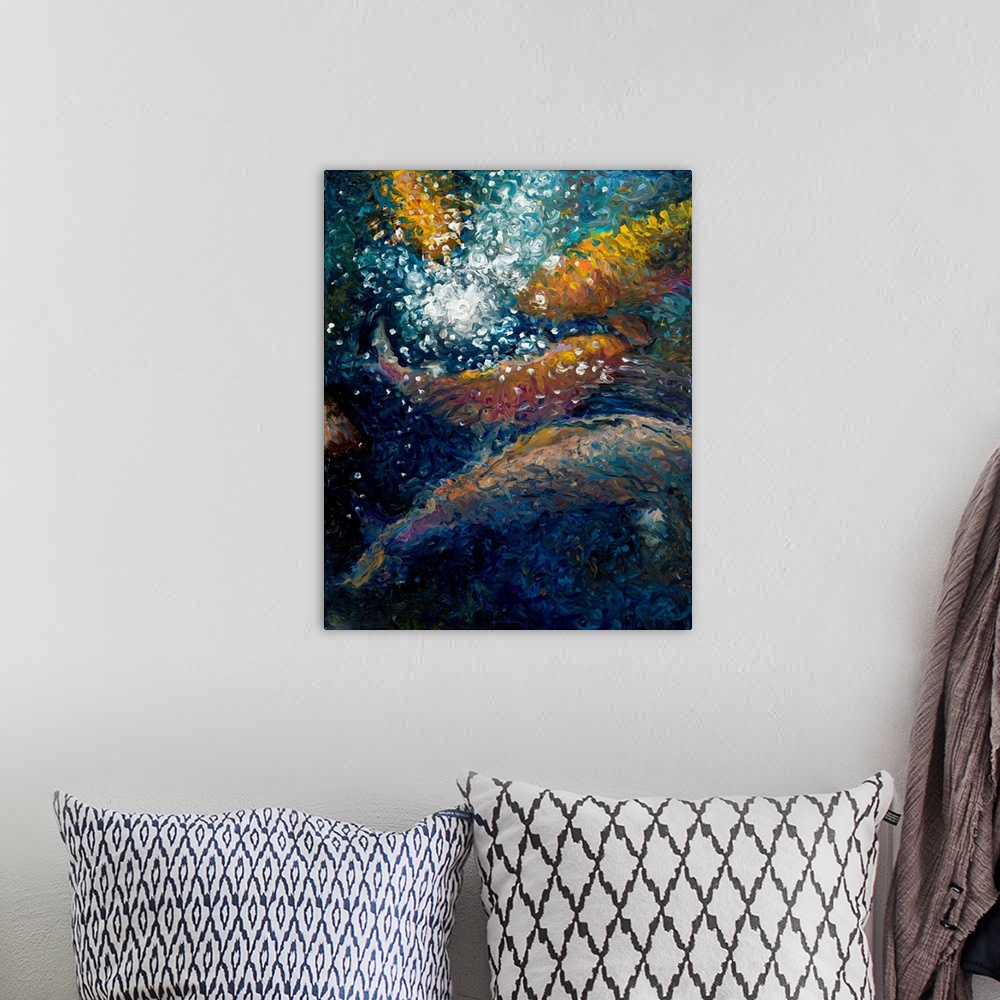 A bohemian room featuring Brightly colored contemporary artwork of a polyptych painting of fish in water.