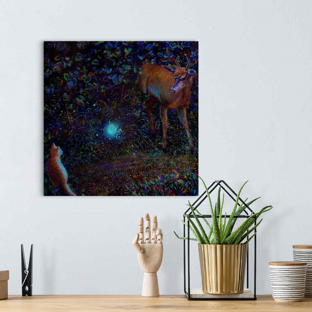 A bohemian room featuring Brightly colored contemporary artwork of a deer and a cat watching an orb.