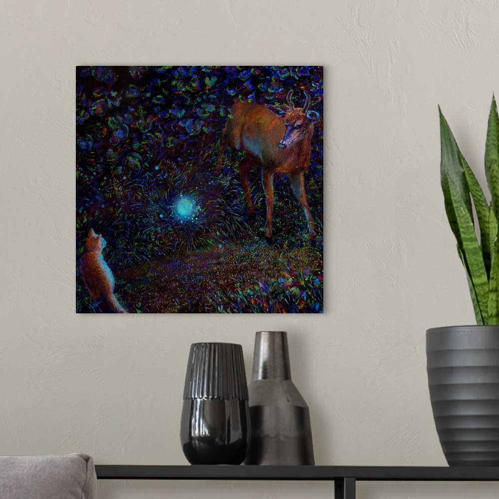 A modern room featuring Brightly colored contemporary artwork of a deer and a cat watching an orb.