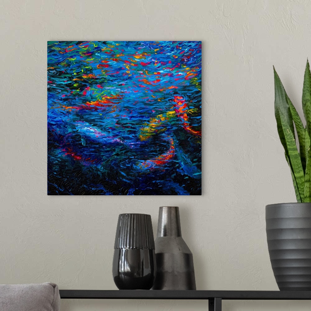 A modern room featuring Brightly colored contemporary artwork of a koi fish in water.