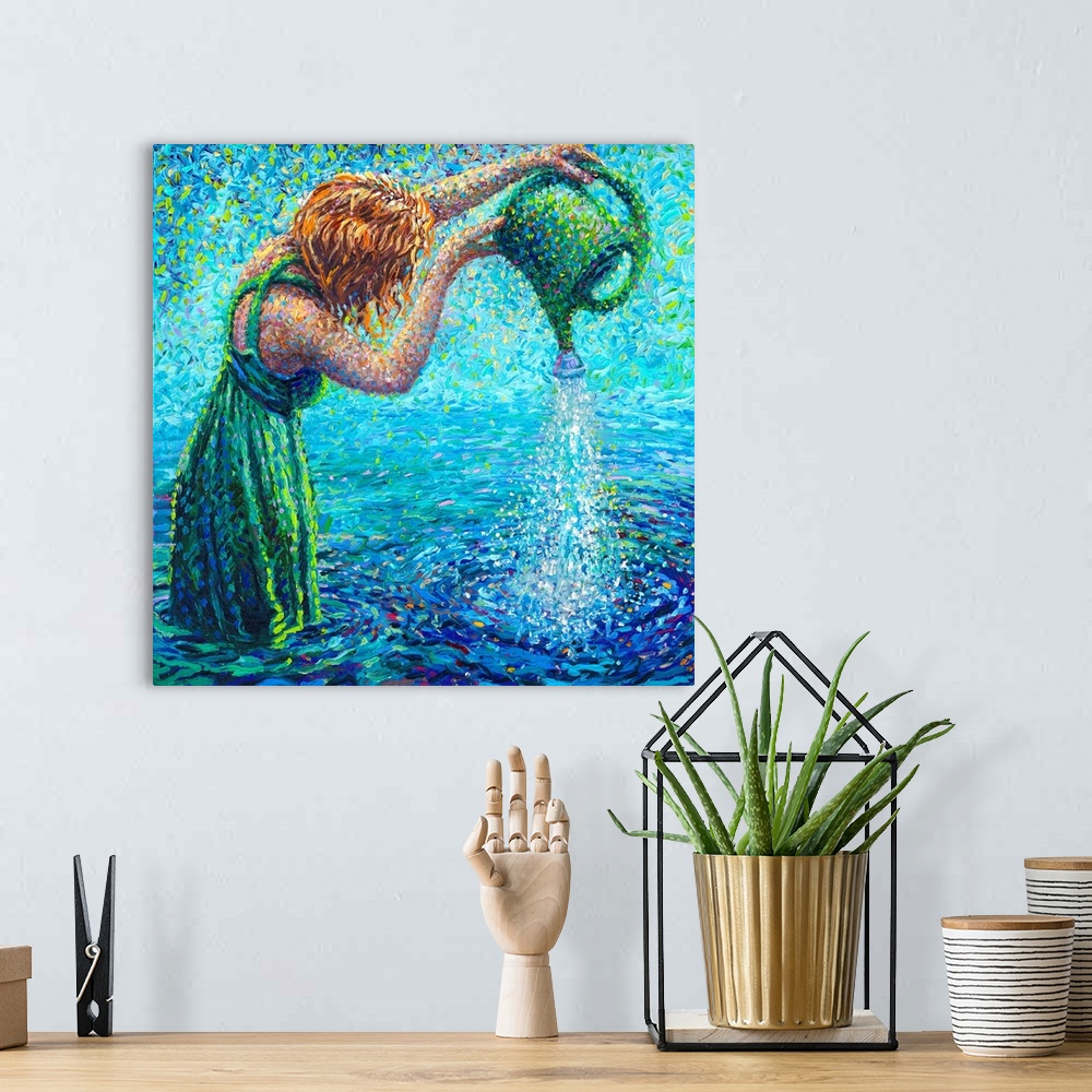 A bohemian room featuring Brightly colored contemporary artwork of a woman pouring water into a lake.