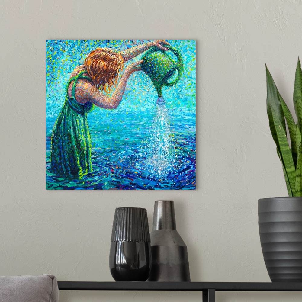 A modern room featuring Brightly colored contemporary artwork of a woman pouring water into a lake.
