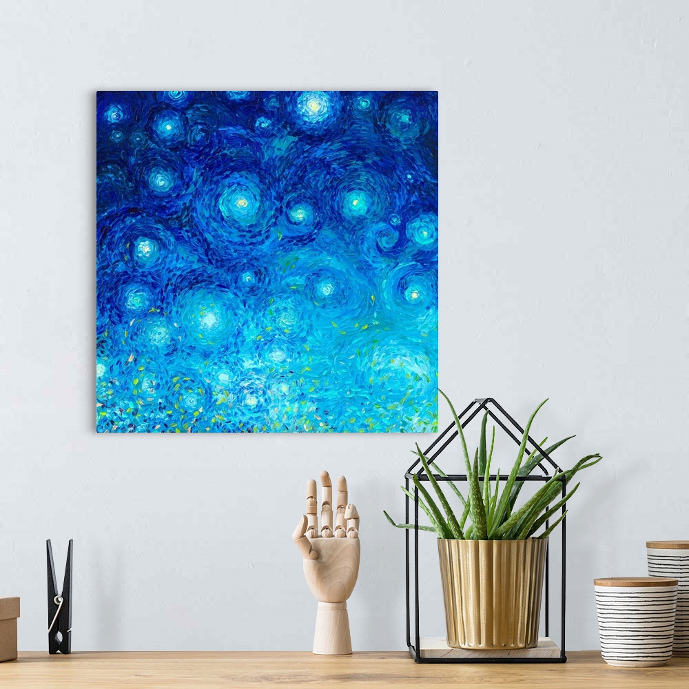 A bohemian room featuring Brightly colored contemporary artwork of an abstract star filled sky.