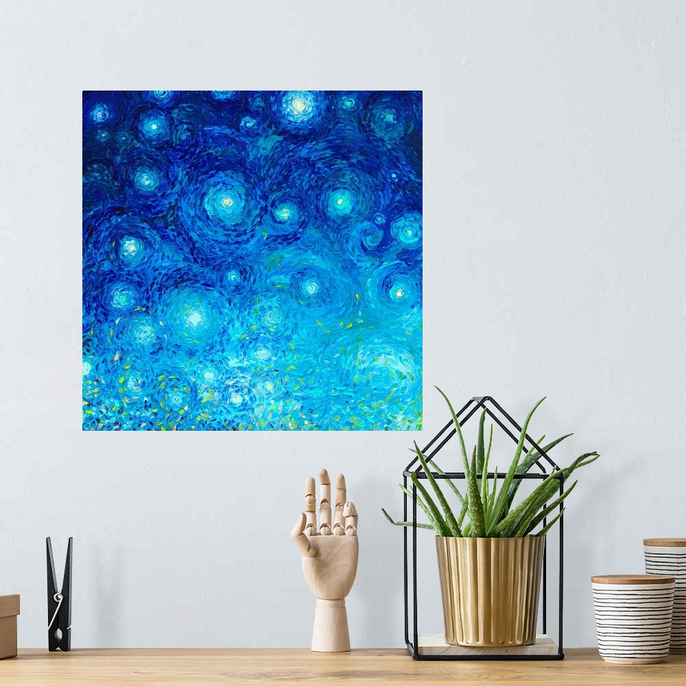 A bohemian room featuring Brightly colored contemporary artwork of an abstract star filled sky.