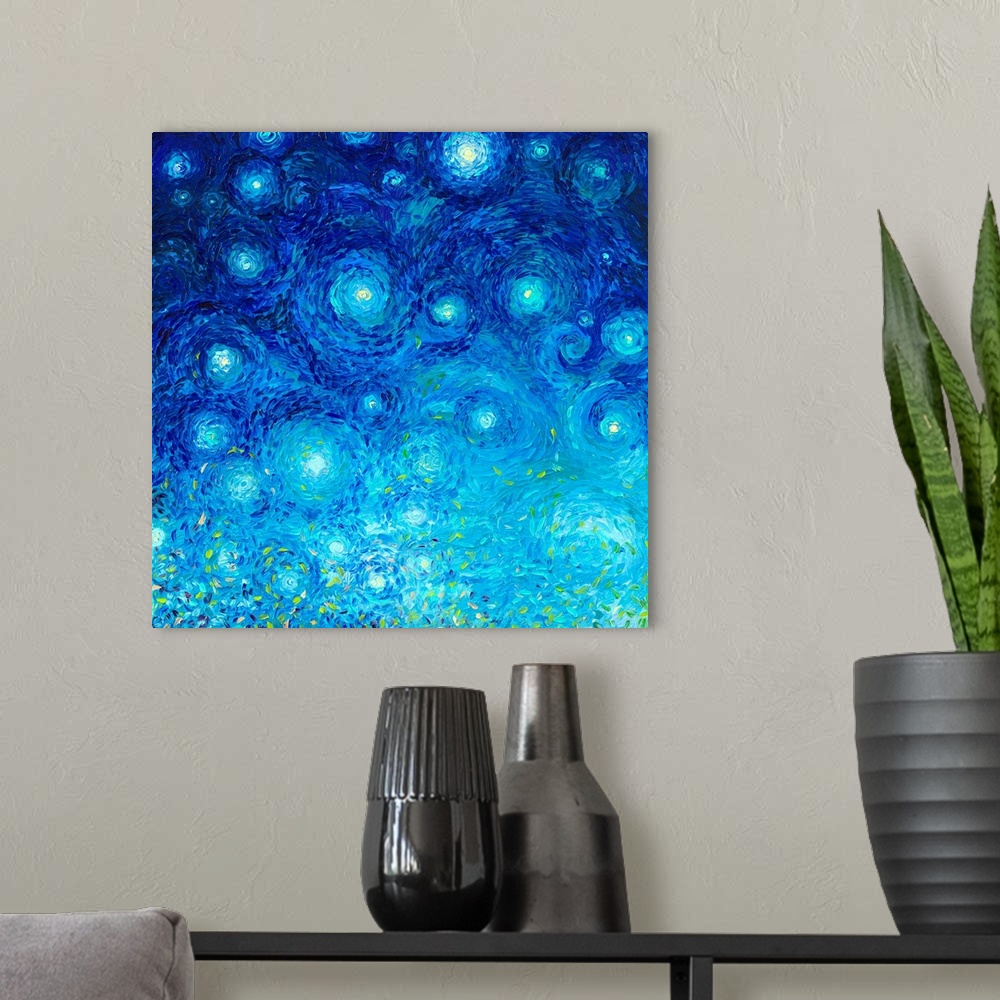 A modern room featuring Brightly colored contemporary artwork of an abstract star filled sky.