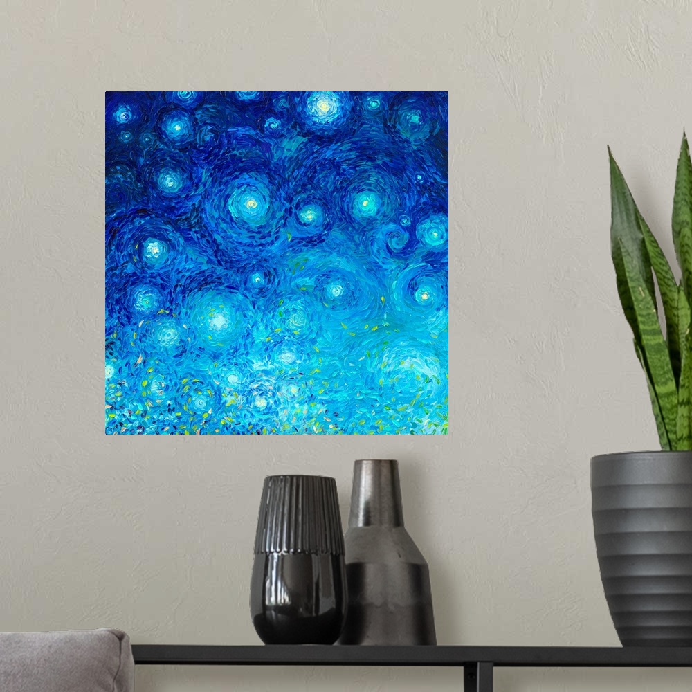 A modern room featuring Brightly colored contemporary artwork of an abstract star filled sky.
