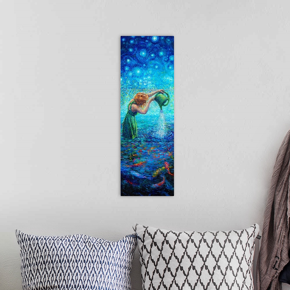 A bohemian room featuring Brightly colored contemporary artwork of a triptych of a woman watering fish.