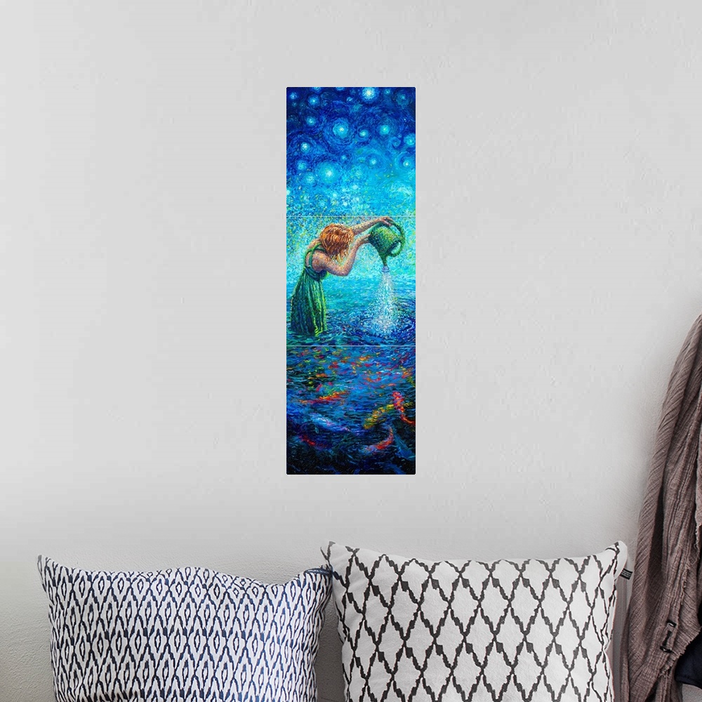 A bohemian room featuring Brightly colored contemporary artwork of a triptych of a woman watering fish.