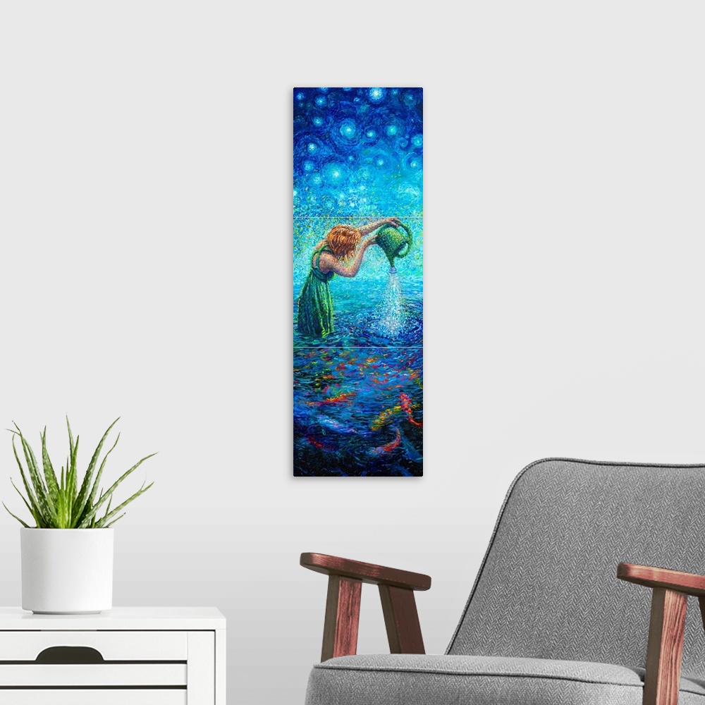 A modern room featuring Brightly colored contemporary artwork of a triptych of a woman watering fish.