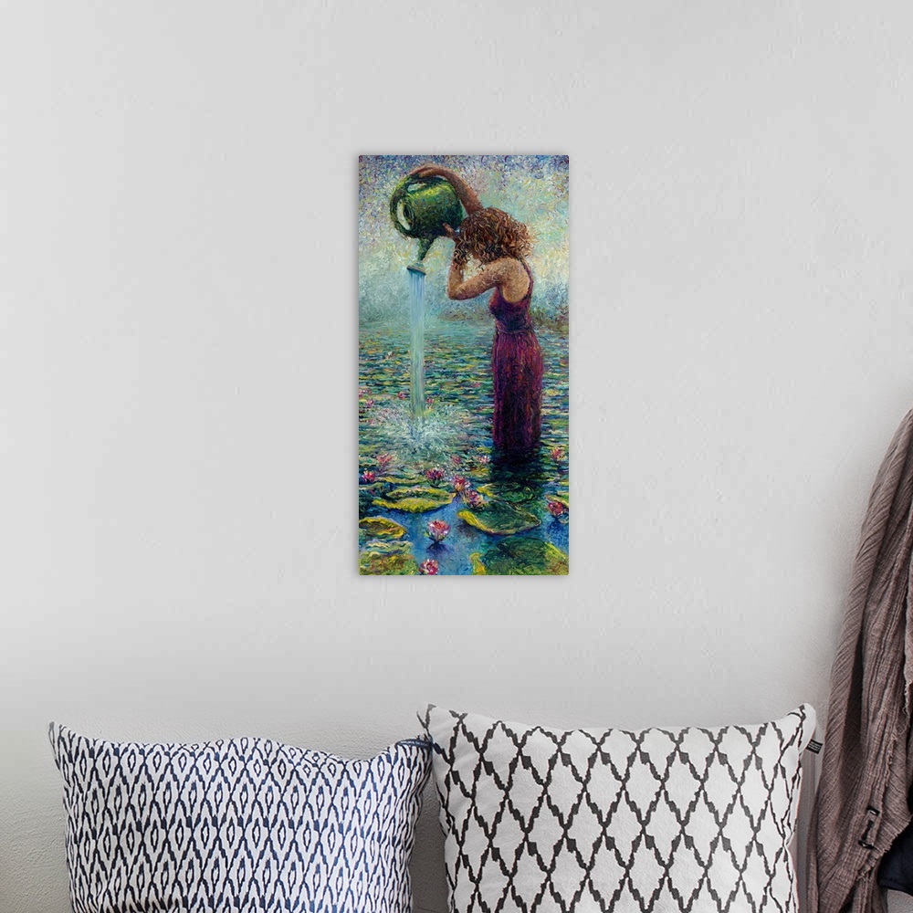 A bohemian room featuring Brightly colored contemporary artwork of a woman watering water lilies.