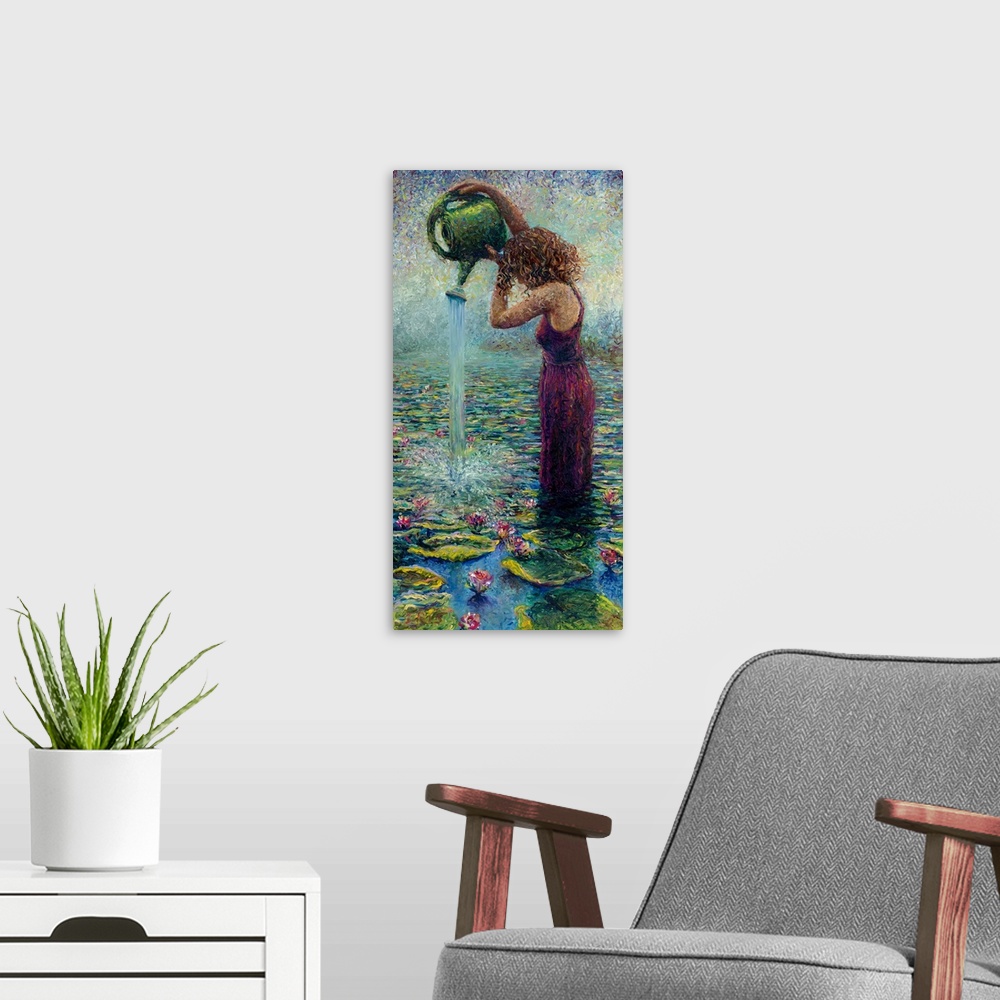 A modern room featuring Brightly colored contemporary artwork of a woman watering water lilies.