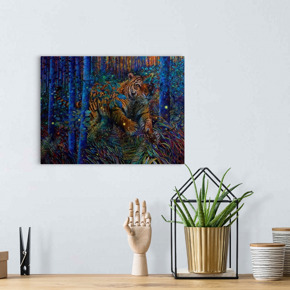 A bohemian room featuring Brightly colored contemporary artwork of a tiger running through the trees.