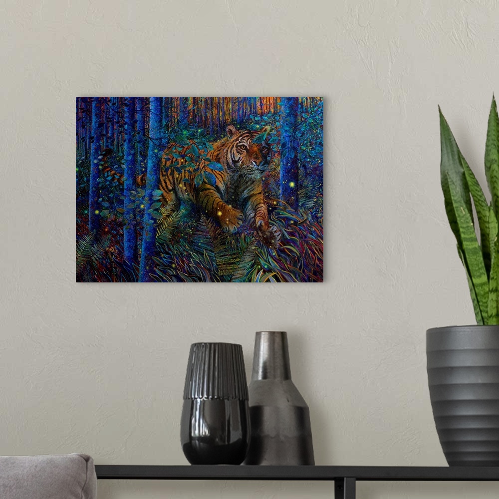 A modern room featuring Brightly colored contemporary artwork of a tiger running through the trees.