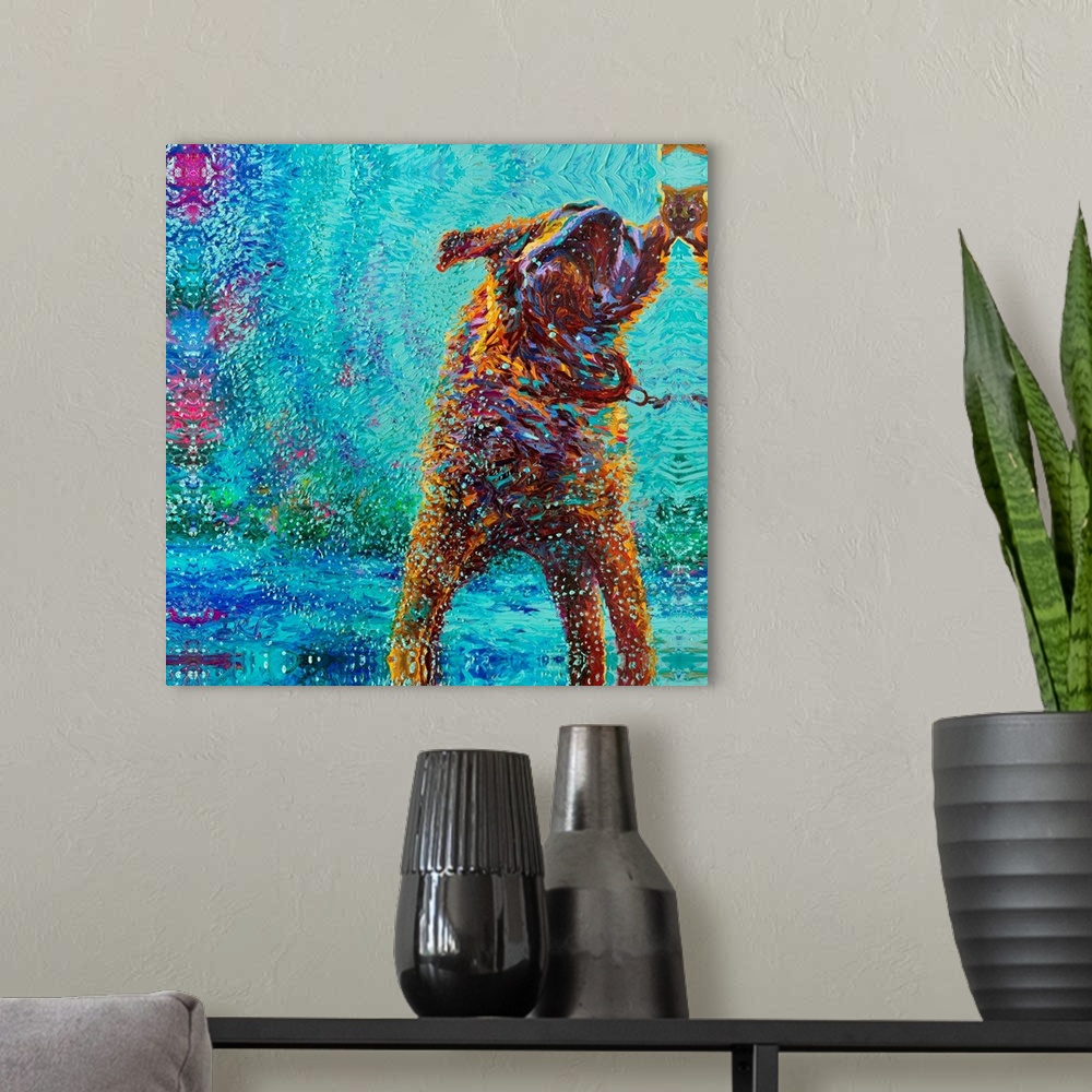 A modern room featuring Brightly colored contemporary artwork of a dog shaking off water.