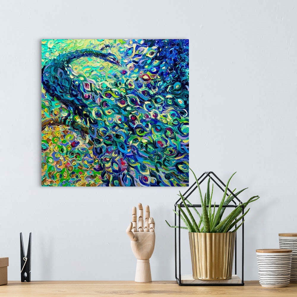 A bohemian room featuring Brightly colored contemporary artwork of an abstract peacock.