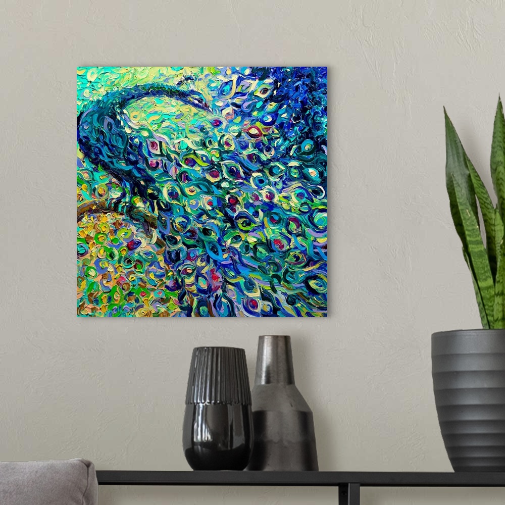 A modern room featuring Brightly colored contemporary artwork of an abstract peacock.