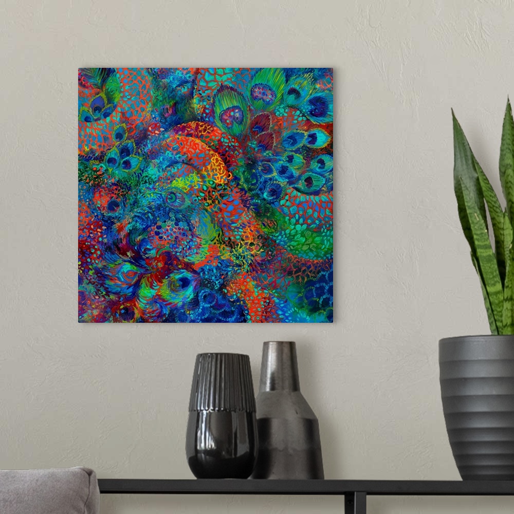 A modern room featuring Brightly colored contemporary artwork of colorful peacock feathers.