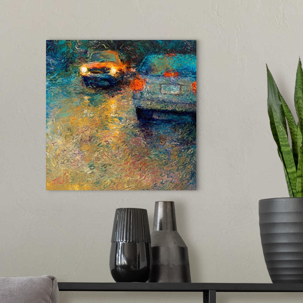 A modern room featuring Brightly colored contemporary artwork of a blue and a yellow car passing each other.