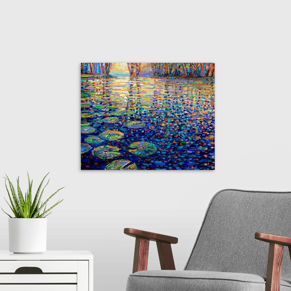 A modern room featuring Brightly colored contemporary artwork of a pond covered in water lilies.