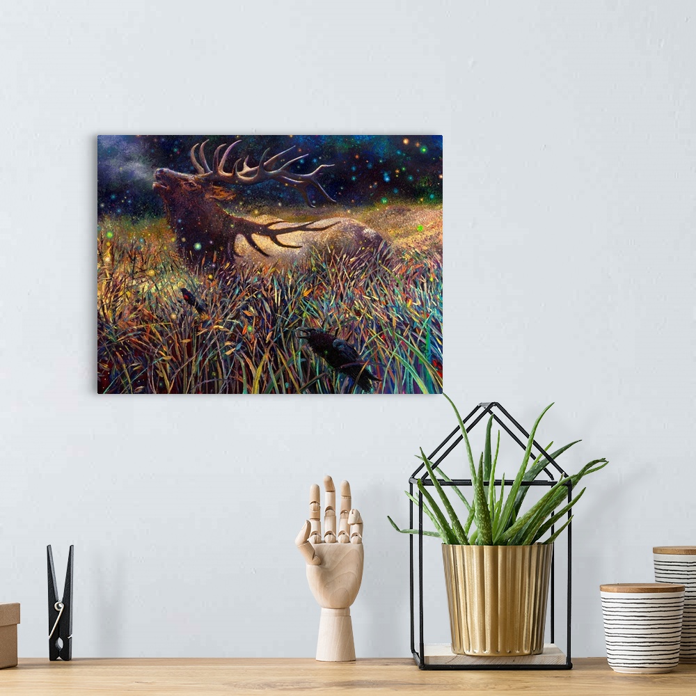 A bohemian room featuring Brightly colored contemporary artwork of a stag in a field with black birds.