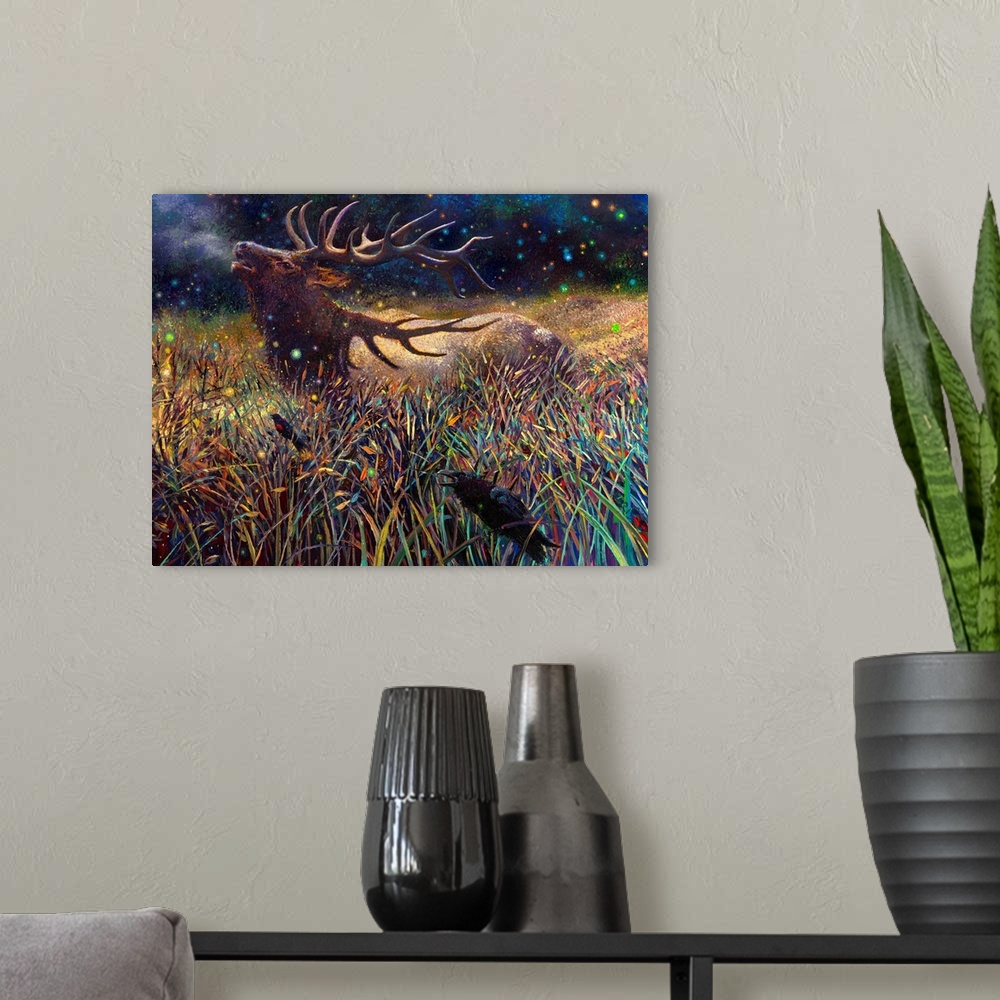 A modern room featuring Brightly colored contemporary artwork of a stag in a field with black birds.