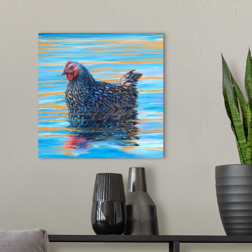 A modern room featuring Brightly colored contemporary artwork of a foul floating in the water.