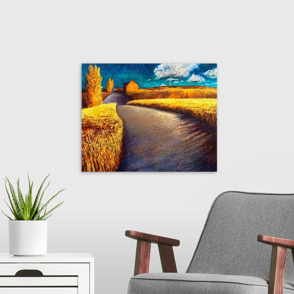 A modern room featuring Brightly colored contemporary artwork of a house alongside a road with wheat on both sides.