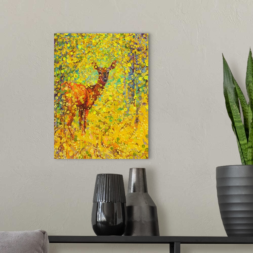 A modern room featuring Brightly colored contemporary artwork of a deer in yellow trees.