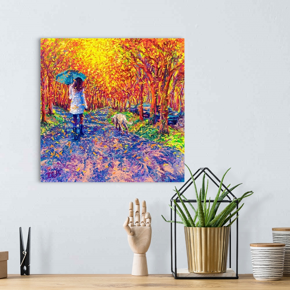 A bohemian room featuring Brightly colored contemporary artwork of a woman in white walking a dog.