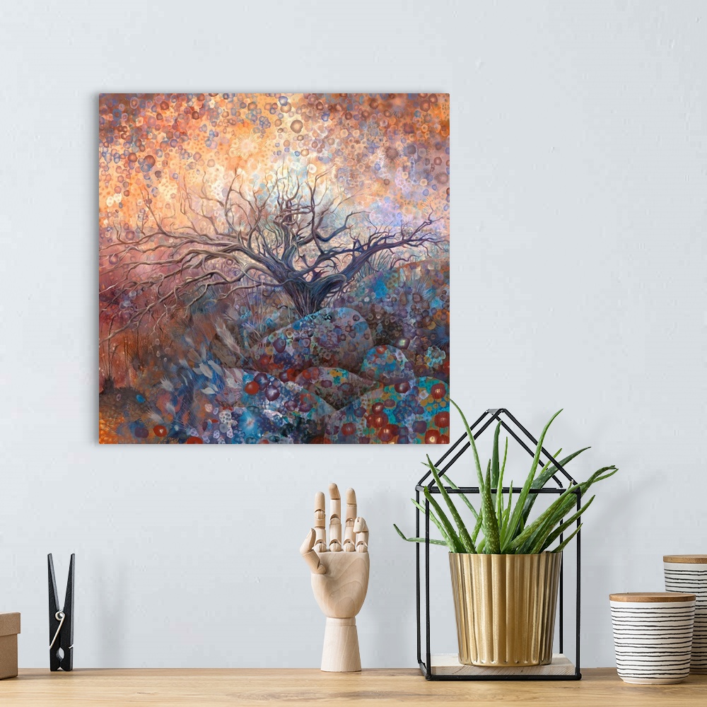 A bohemian room featuring Brightly colored contemporary artwork of a single wychwood tree.