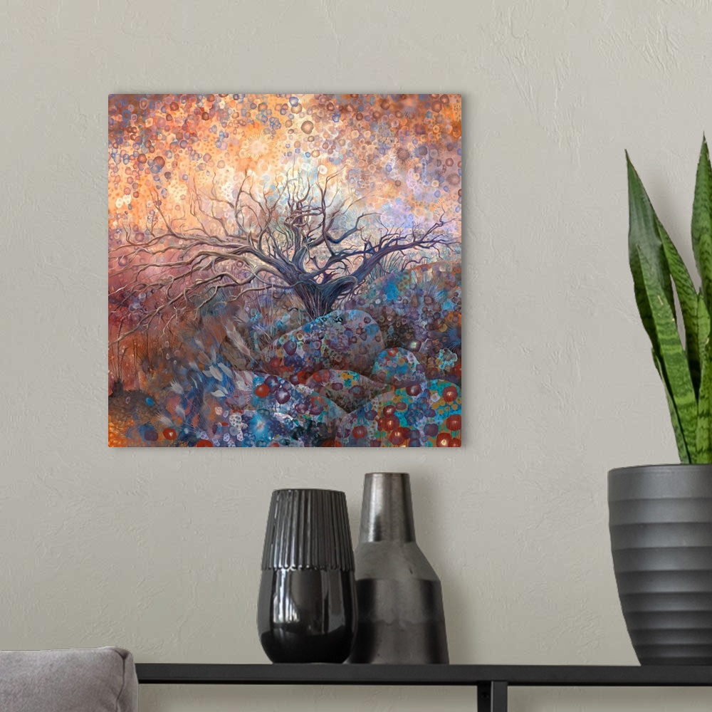 A modern room featuring Brightly colored contemporary artwork of a single wychwood tree.