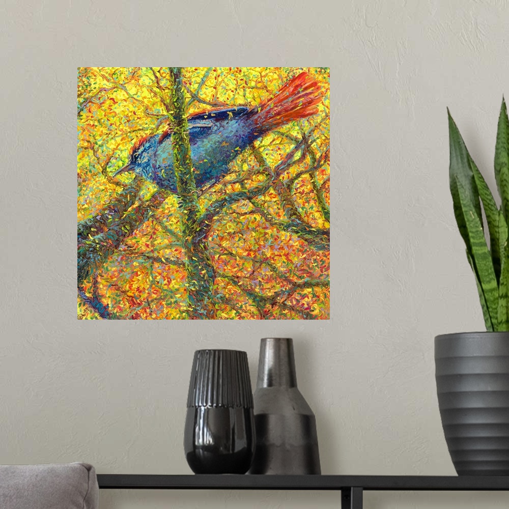 A modern room featuring Brightly colored contemporary artwork of a bluebird in a tree full of yellow leaves.