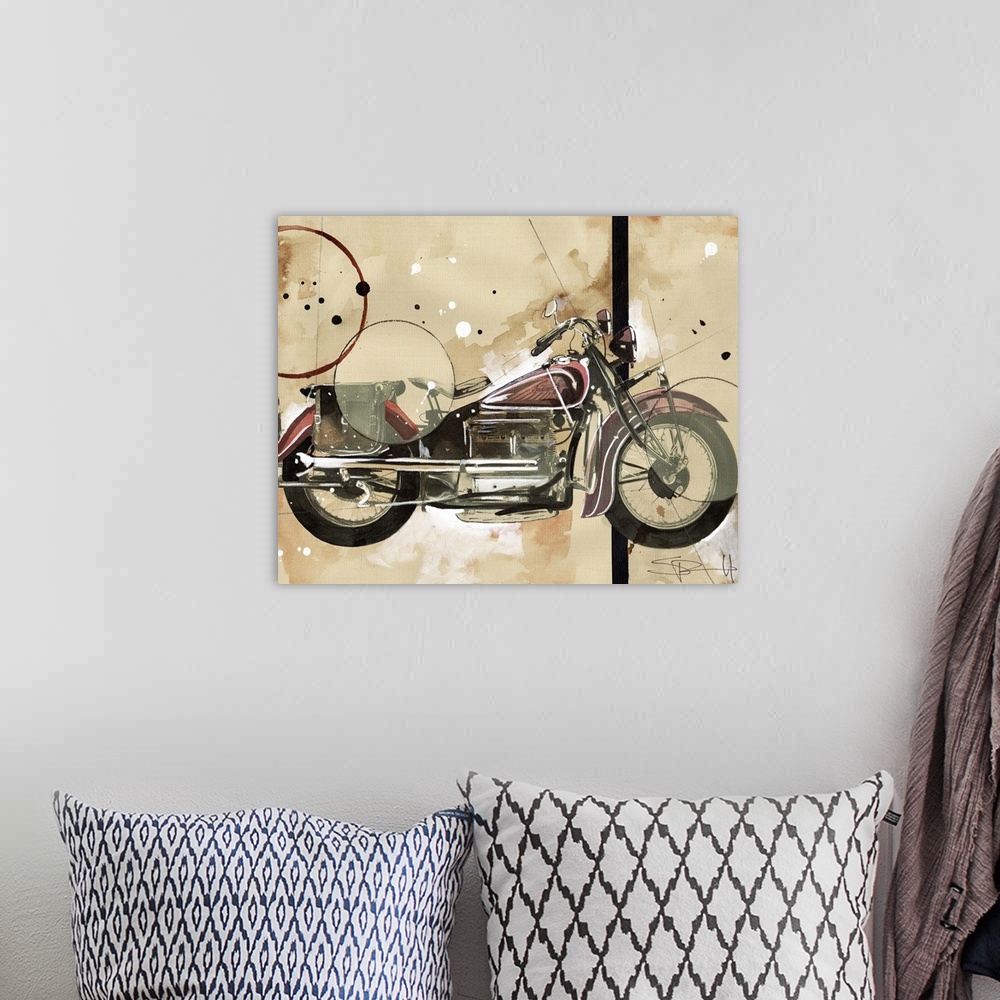 A bohemian room featuring Painting of a vintage motorcycle.