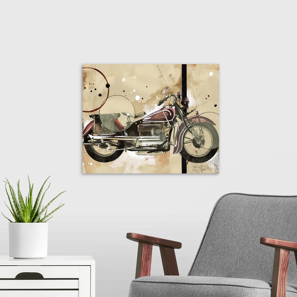 A modern room featuring Painting of a vintage motorcycle.