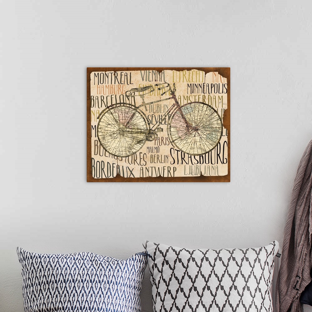 A bohemian room featuring Illustration of a bicycle with names of cities surrounding it.