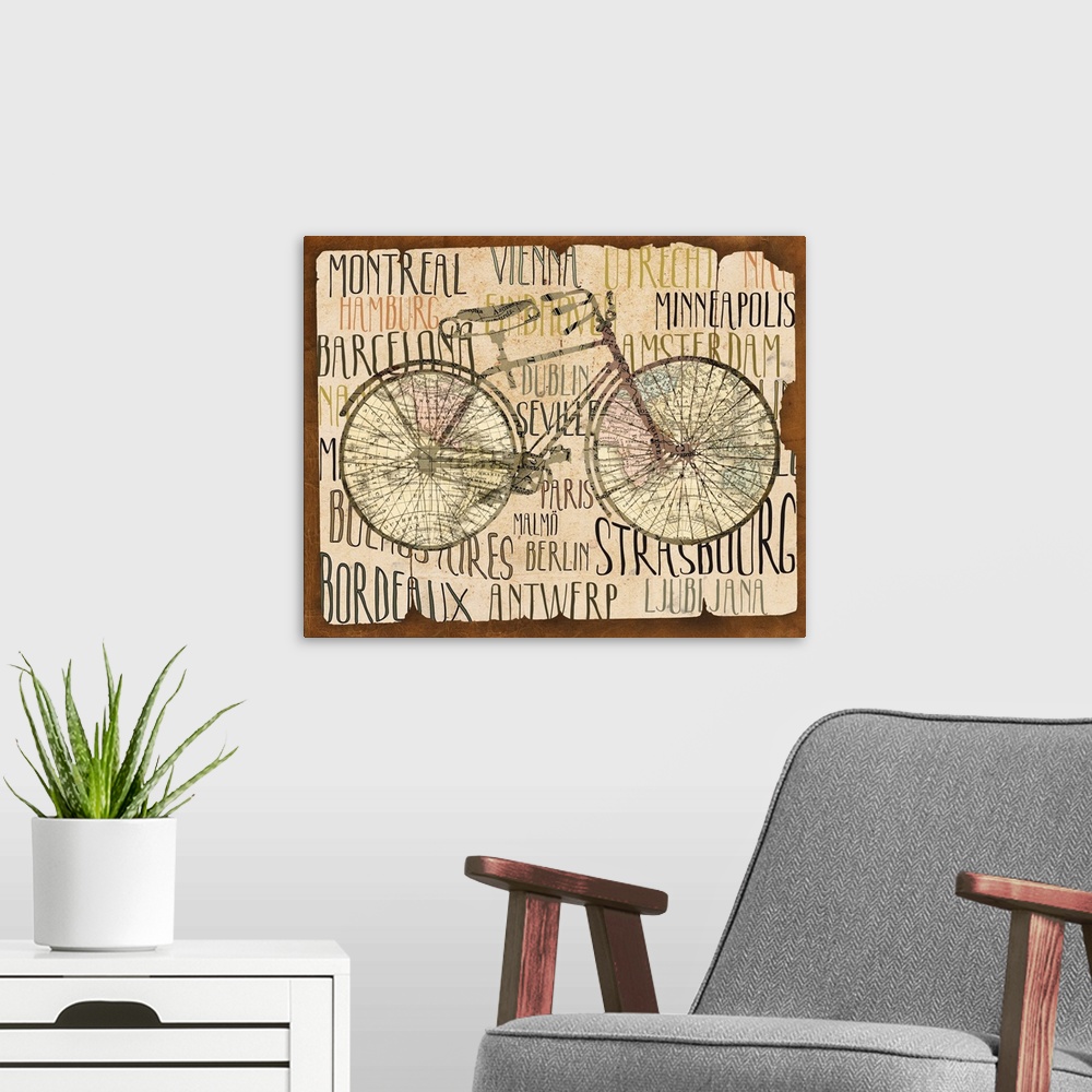 A modern room featuring Illustration of a bicycle with names of cities surrounding it.