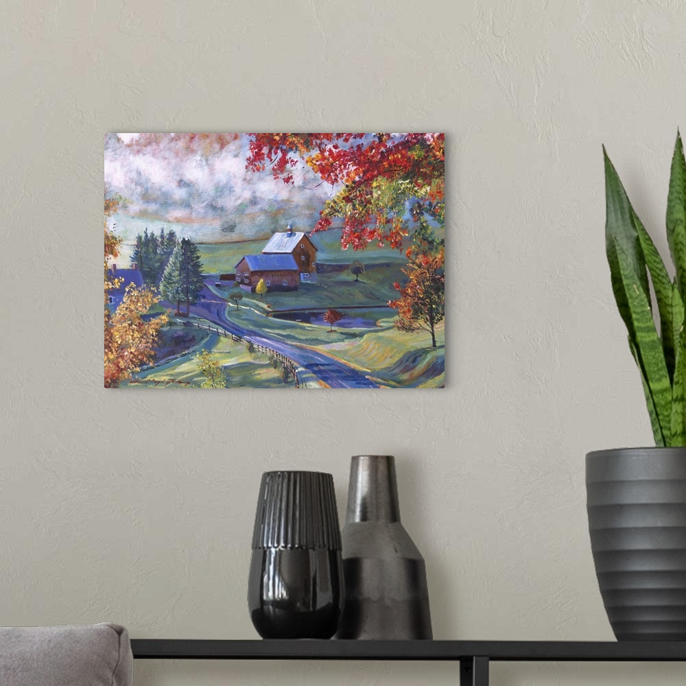 A modern room featuring Landscape painting of a red barn in the countryside.