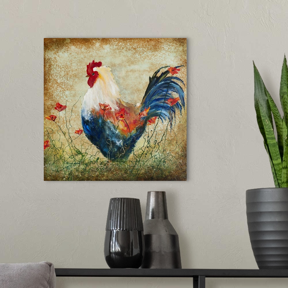A modern room featuring Painting of a colorful rooster standing in a field.