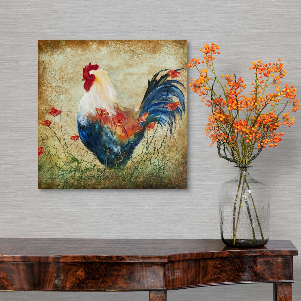 A traditional room featuring Painting of a colorful rooster standing in a field.
